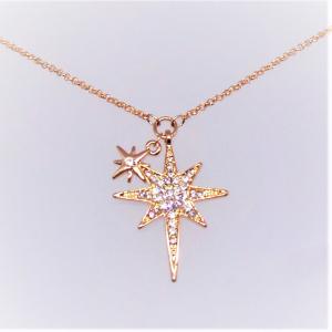 Sparkling, Rose Gold Plated, Double Star and Crystal Necklace 